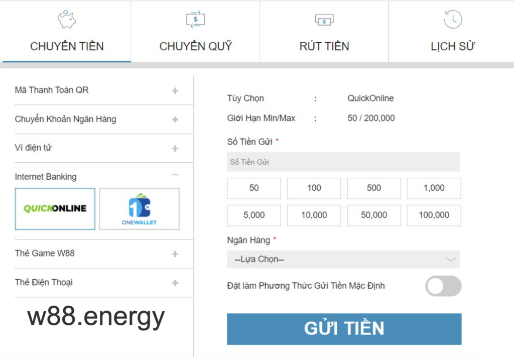 W88 hỗ trợ nạp tiền qua Internet Banking