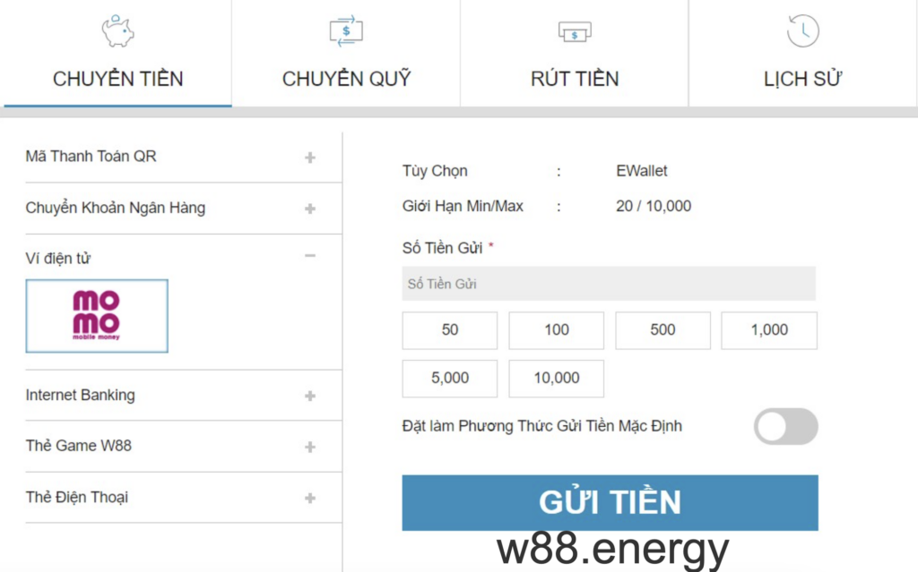 Nạp tiền vào tài khoản nhà cái tại W88 qua ví điện tử Momo